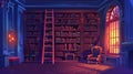 Athenaeum place Cartoon modern illustration of a luxury old library at night, with books on wooden shelves, ladder, cozy Royalty Free Stock Photo