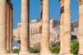 Athens Acropolis through columns of the Olympian Zeus temple Royalty Free Stock Photo
