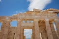 Athens, Greece. Propylaea in the Acropolis, monumental gate roof, blue cloudy sky