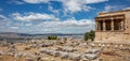 Athens, Greece. Erechtheion with Caryatid Porch on Acropolis hill, blue sky background