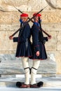 Athens, Attica, Greece. Evzones soldiers of the greek Presidential Guard standing still in front of the monument of the Uknown S