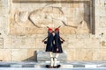 Athens, Attica, Greece. Evzones soldiers of the greek Presidential Guard standing still in front of the monument of the Uknown S