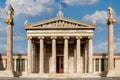 Athens, Attica, Greece. Facade view of the National Academy of Athens neo classical building with the pediment on the theme of the