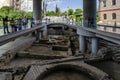 Athens, Attica / Greece - Oct 21, 2018: Ancient ruins at the archaeological site right in front of the entrance of the modern Acro