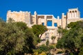 Panoramic view of Acropolis of Athens with Propylaea monumental gateway and Nike Athena temple in ancient city center in Athens,