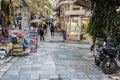 Athens, Attica, Greece - View over the narrow tourists streets with typical shops