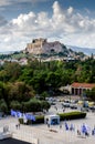 Athens, Attica, Greece. View to the famous Acropolis of Athens city as seen from the vantage point of the Panathenaic Stadium