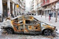 Athens Burnt Cars Barricade Royalty Free Stock Photo