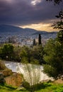 Athens cityscape  from Acropolis slope, sunset / sunrise time. Colorful cloudy sky Royalty Free Stock Photo