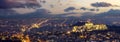 Athens, Greece. Acropolis and Parthenon illuminated at night, aerial panorama view Royalty Free Stock Photo