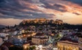 Athens, Greece. Aerial panoramic view of Monastiraki square and the Acropolis at sunset Royalty Free Stock Photo