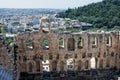 Ancient stone theater with marble steps of the Odeon of Herodes Atticus on the southern slope of the Acropolis. Royalty Free Stock Photo