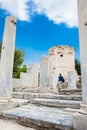 Tourist visiting the Tower of the Winds or the Horologion of Andronikos Kyrrhestes an octagonal Royalty Free Stock Photo