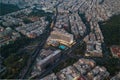 Athens, Greece - August 16, 2019: Aerial drone shot of Hilton Athens hotel with pool in dusk time