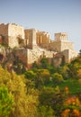 Athens, Greece and building with trees in sunlight, ancient architecture of history site in summer. Marble, stone temple Royalty Free Stock Photo