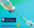 AstraZeneca Oxford vaccine logo on blue background, Covid19 vaccine vial and syringe, Coronavirus immunization Royalty Free Stock Photo