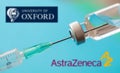 AstraZeneca Oxford vaccine logo on blue background, Covid19 vaccine vial and syringe, Coronavirus immunization Royalty Free Stock Photo