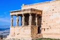 Athens, Greece. Detail of the south porch of Erechtheion with the Caryatids in a sunny day. Royalty Free Stock Photo