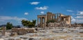 Athens, Greece. Erechtheion with Caryatid Porch on Acropolis hill, blue sky background