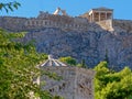 Athens Greece, Erechtheion temple on acropolis hill over roman winds tower Royalty Free Stock Photo