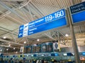 Athens, Greece - February, 11 2020: Athens International Airport Eleftherios Venizelos. An information board for Royalty Free Stock Photo