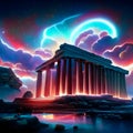 Athens, Greece. Greek temple in the night sky. 3D rendering AI generated