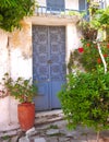 Athens Greece, a house door in Anafiotika picturesque neighborhood under acropolis Royalty Free Stock Photo