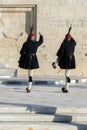 ATHENS, GREECE - JANUARY 19 2017: Evzones - presidential ceremonial guards in the Tomb of the Unknown Soldier, Greek Parliament Royalty Free Stock Photo