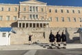 ATHENS, GREECE - JANUARY 19 2017: Evzones - presidential ceremonial guards in the Tomb of the Unknown Soldier, Greek Parliament Royalty Free Stock Photo