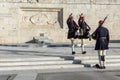 ATHENS, GREECE - JANUARY 19 2017: Evzones - presidential ceremonial guards in the Tomb of the Unknown Soldier, Greek Parliament Royalty Free Stock Photo