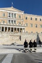 ATHENS, GREECE - JANUARY 19 2017: Evzones - presidential ceremonial guards in the Tomb of the Unknown Soldier Royalty Free Stock Photo