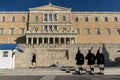 ATHENS, GREECE - JANUARY 19 2017: Evzones - presidential ceremonial guards in the Tomb of the Unknown Soldier Royalty Free Stock Photo