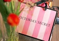 Victoria`s Secret perfum bottles and shopping bag Royalty Free Stock Photo