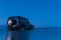 Athens, Greece 1 July 2016. Beautiful blue hour of a Jeep 4x4 stuck in the mud at a wetland doing sports.