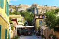 ATHENS, GREECE - JULY 18, 2018: cozy greek street with monuments and temples, Athens, Greece