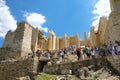 ATHENS, GREECE - JULY 18, 2018: Propylaea with many tourists on the Acropolis. Propylaea is the monumental gateway