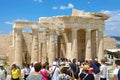 ATHENS, GREECE - JULY 18, 2018: Propylaea with many tourists on the Acropolis. Propylaea is the monumental gateway