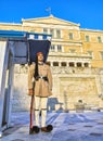 Evzone standing guard in front of Greek Parliament. Syntagma Squ