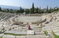 Athens, Greece-June 16, 2017: tourists at Ancient Dionysus theater under the ruins of Acropolis, in summer sunny day Royalty Free Stock Photo