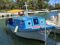 Greek boat moored in Mikrolimano port of Piraeus. Attica, Greece. Royalty Free Stock Photo