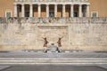 Athens, Greece - May 14, 2019: Changing of Presidential guard Evzones by the Greek tomb of Unknown Soldier. Famous daily