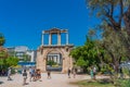 Street view in Plaka district of Athens with the Arch of Hadrian