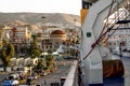 View of the port of Piraeus and the Church of the Holy Trinity from the deck of the ferry