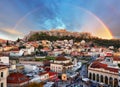 Athens, Greece -  Monastiraki Square and ancient Acropolis with rainbow Royalty Free Stock Photo
