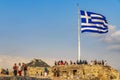 Greek blue white flag with ruins Acropolis of Athens Greece