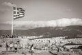 Greek blue white flag with ruins Acropolis of Athens Greece