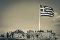 Greek blue white flag with ruins Acropolis of Athens Greece