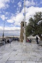 Observation deck on top of Mount Lycabettus with bell tower of Saint George`s chapel, Athens, Greece Royalty Free Stock Photo