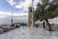 Observation deck on top of Mount Lycabettus with bell tower of Saint George\'s chapel, Athens, Greece Royalty Free Stock Photo