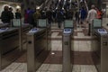 Athens, Greece Passengers on metro station with ticket validating TVC gates.